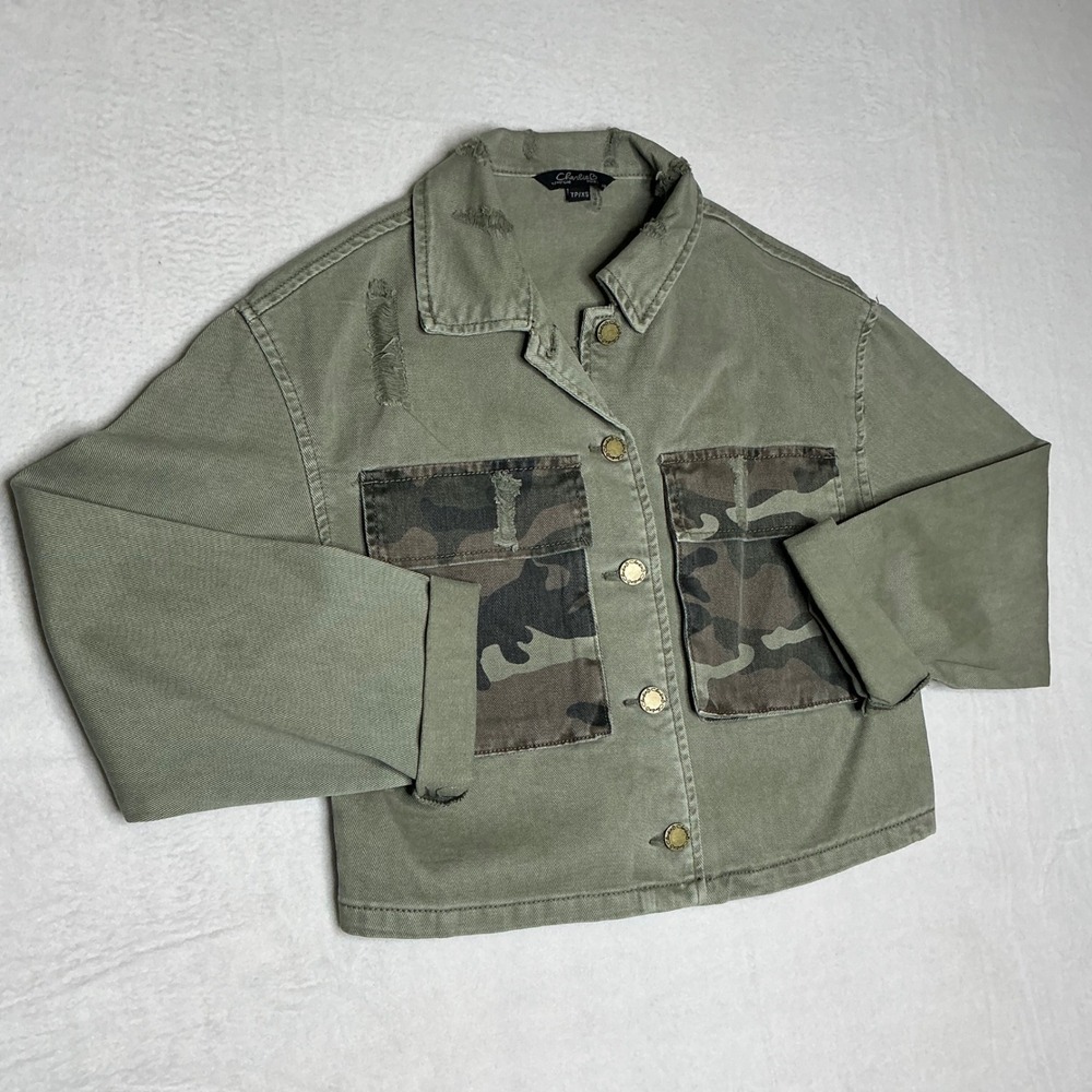 Charlie G‎ Womens Olive Green Distressed Camo Pocket Denim Jacket XS